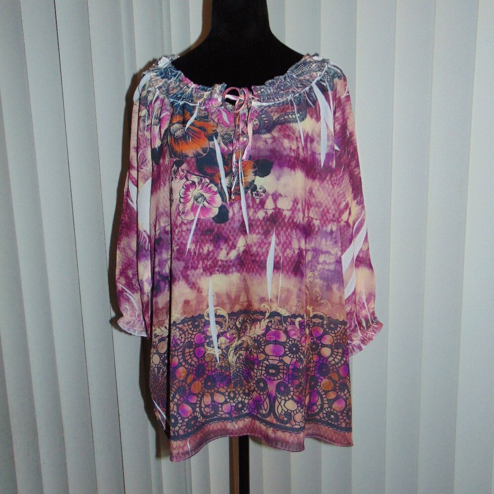 Lane Bryant Y2K Burn Out Purple Floral 3/4 Sleeve Blouse Romantic Delicate 14/16